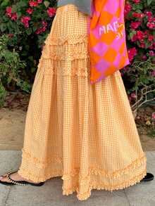 Solstice Apparel Orange Yellow Gingham Multi-Layer Ruffle Maxi Skirt, High Waist Loose Fit Long Skirt, Boho Vacation Style, Perfect For Daily Commute, Outings & Dates, Spring Summer Versatile Bottoms - Yellow - View 4