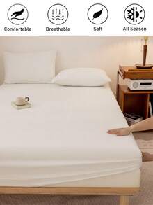 1PC White Polyester Fitted Sheet Only, Soft & Breathable Deep Pocket Modern Fitted Sheet For All Seasons Hotel