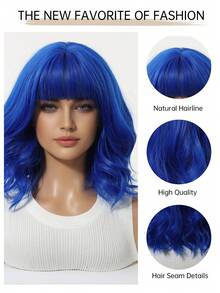Tóc giả ngắn màu nâu lanh, xoăn nhẹ, dài 12 inch, làm từ chất liệu tổng hợp chịu nhiệt, có mái, phù hợp cho sử dụng hàng ngày, dự tiệc và cosplay. - Màu xanh lam - Xem 9