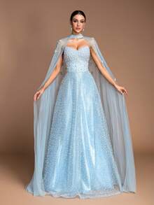 Women's Elegant Beaded & Backless Design Strapless Ballgown, Pearl Embellished Mesh Shawl Halter Maxi Evening Dress - Blue - View 2