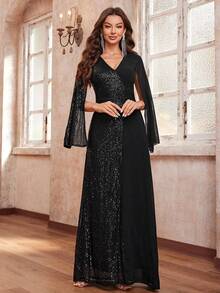 YISIKADO Elegantes Paillettenkleid mit Chiffon-Kontrast, Abendparty, Hochzeitsgast, Brautjungfer, Bankett, Abschlussball, Damenkleid - Schwarz - Übersicht 3