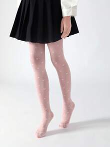 1/2/3/5 双女童紧身裤，儿童紧身裤，婴儿紧身裤，粉色，纯色，儿童舞蹈裤，无脚网眼紧身裤，卡通心形图案，提花薄款，高弹无脚网眼丝袜，网眼袜，舞蹈袜，适合日常穿着，可爱校园风舞蹈裤，春夏常规无脚裤，适合学生日常聚会，搭配裙子、短裤、鞋子，开学紧身裤，新学期，教室