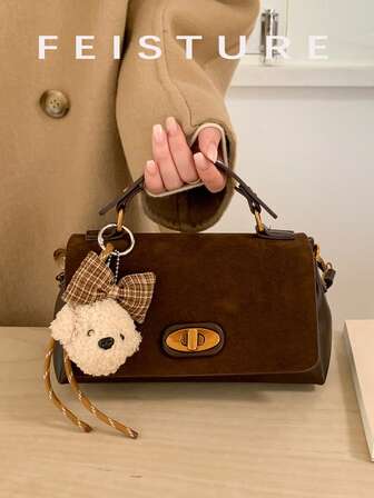 1pc Vintage Flap Handbag For Women, Suede Patchwork PU Leather Shoulder Crossbody Bag, Get A Plush Pendant As A Gift With Store Follow, Suitable For Girls, Ladies, College Students, Young Professionals, Great For Work, Business, Commute, School