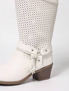 白色条纹搭扣镂空不对称西部风格套脚中跟圆头百搭优雅休闲街头度假学校通勤办公欧美时尚中筒靴，春夏款 - 白色 - 查看 5
