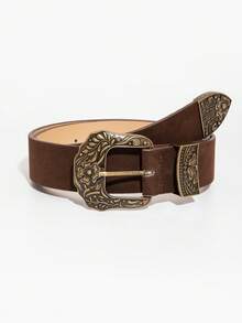 1pc Coffee Color Western Style Engraved Floral Pattern Suede Casual Waist Belt For Women, Autumn/Winter - Coffee Brown - View 6