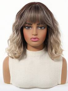 14英寸渐变金色波浪假发，女士卷曲波浪假发带刘海，短款耐热合成假发，适合派对装扮和日常佩戴，色彩缤纷 - 挑染金色 - 查看 5