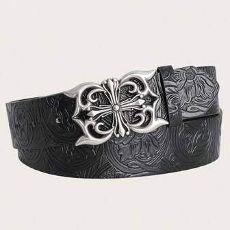 1pc Bohemian Style Black Faux Leather Belt With Vintage Oval Hollow Buckle - Versatile, Suitable For Dresses And Casual Wear, Ideal Accessory For Autumn/Winter, Suitable For Teenagers, Young Adults, Men, For Casual, Outdoor, Sports, Vacation, Graduation Gift, Birthday, Daily Wear