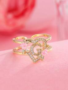 1 pieza Anillo con inicial de flor en tono dorado A-Z con corazón de circonita cúbica, anillo abierto ajustable para mujeres, joyería de regalo de cumpleaños personalizada - Amarillo Oro - Ver 14