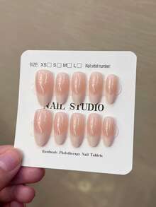10片/盒 Y2K 手工中杏仁色乳白色渐变法式美甲贴纸，加厚款，包含1片果冻胶和1个指甲锉，手工美甲，适合女性和女孩日常、派对和聚会美甲。 - 杏色 - 查看 4