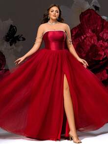 VIPGIRL 大码红色无肩带薄纱舞会礼服，奢华高开衩珍珠点缀舞会长裙，优雅正式晚礼服，梦幻公主派对礼服，童话礼服，奢华礼服，派对礼服 - 酒紅色 - 查看 7