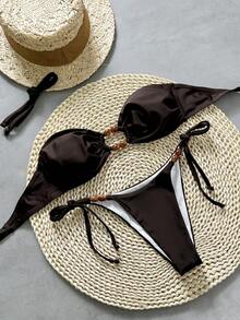 New Sexy Fashion Simple Solid Color Beaded Decor Hollow Front Crop Top And Beaded Drawstring Side Decor Bottom Two Pieces Bikini Set Vacation Beach Summer - Maroon - View 1