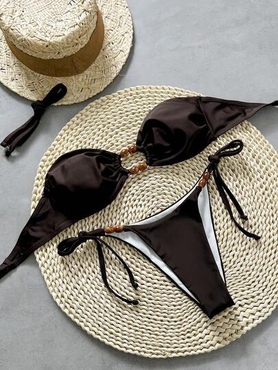 Bộ bikini hai mảnh thời trang gợi cảm đơn giản màu trơn đính hạt trang trí khoét lỗ phía trước và dây rút đính hạt trang trí bên hông