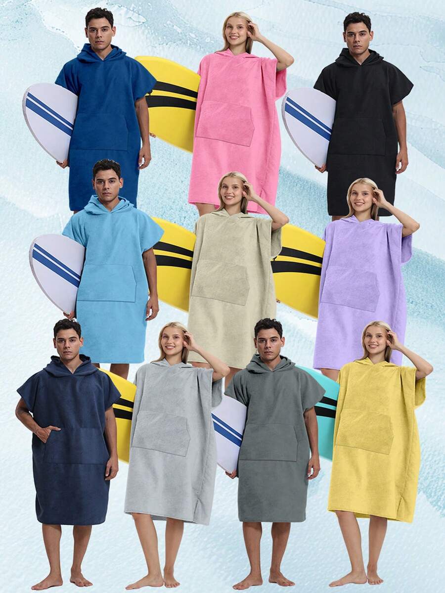 1pc Hooded Surf Poncho, Reversible Zipper Hooded Towel, Extra Large Hooded Wetsuit Changing Robe With 2 Side Pockets And Sleeves, Made Of Super Soft Microfiber Towel Fabric, Suitable For Home, Beach, Pool, Bathroom - Multicolor - View 1
