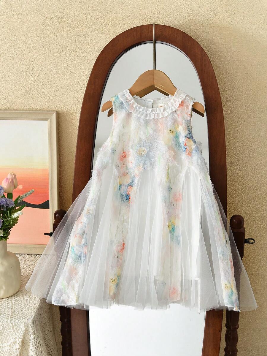 Girls' Colorful Polka Dot Sleeveless Mesh Patchwork Princess Dress, Casual Outfit For Birthday Party, Summer - Blue - View 1