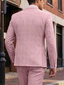 Mens 3 Pieces Suit Set Plaid Slim Fit  Checked Casual Tuxedo Formal Suits For Men Wedding Business Party Blazer Vest Pant - Hồng - Xem 3