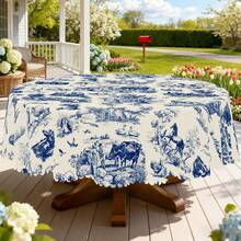 1pc Vintage Country Farmhouse Style Table Cover, Holiday Gatherings, Camping Picnics,  Party Decor, Kitchen Accessories,  Outdoor&Room Decor, Perfect Gift For Friends, Round And Rectangular Tablecloth - Màu xanh lam - Xem 13