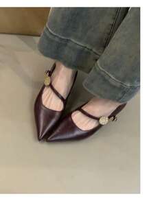 2025 Pointed Toe Metal Buckle One-Strap High Heel Shoes, Low Heel French Commuting Wine Red Shoes For Women, Pure Metal Office & Beach - Burgundy - View 2