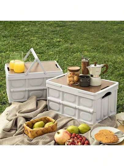 Caja de almacenamiento plegable para camping al aire libre - Contenedor de almacenamiento de plástico portátil, apilable y de uso múltiple, adecuado para parejas, amigos en picnics al aire libre, armarios y maleteros de automóviles. También adecuado para el almacenamiento de suministros de jardín, césped y camping. Caja de almacenamiento para camping, caja de organización del hogar.