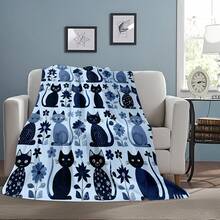 1pc Flannel Soft & Cozy Throw Blanket, Light Blue Base With Handpainted Cartoon Cats & Floral Pattern (Includes Cute Cartoon Cats In Light And Dark Blue, Decorative Floral Patterns, Creating A Fresh And Gentle Atmosphere), Ideal For Bedroom, Sofa Decor, Cartoon Cat Lover Gift - Multicolor - View 2