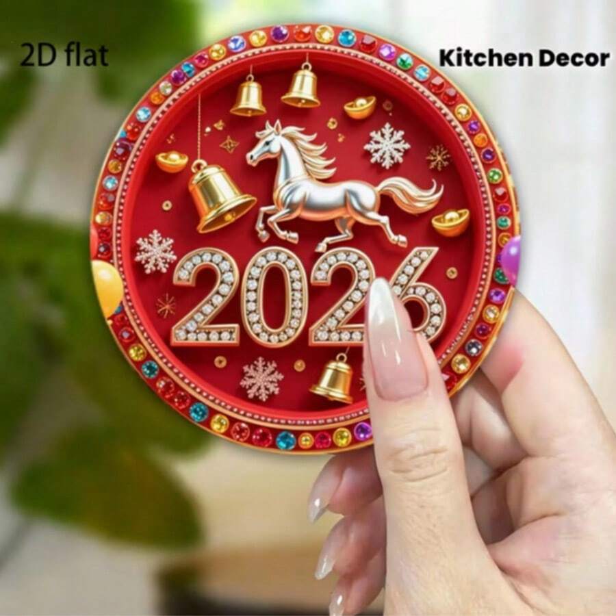 1/2片亚克力马形磁性冰箱贴，配金色铃铛、硬币装饰、水钻，兼容白板磁铁，适用于家居、办公室、汽车、冰箱装饰，2026新年装饰 - 彩色 - 查看 1