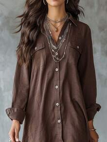 Women's Brown Long Sleeve Polyester Button-Up Shirt Dress, Collared, Front Short Back Long Design With Pockets Spring - Brown - View 3