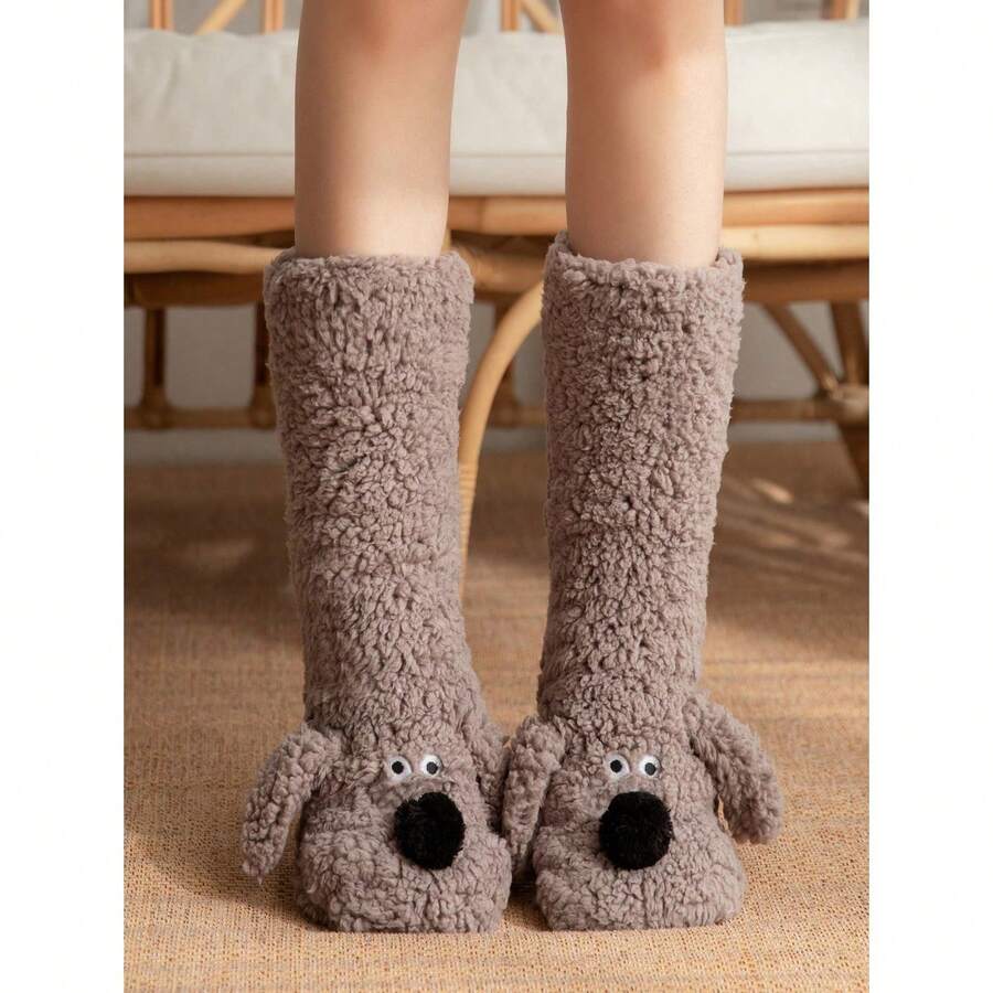 1 Pair Women's Warm Fuzzy Anti-Slip Socks, Halloween Accessory, Christmas Gift, Plush Socks, Winter House Slippers - Brown - View 1