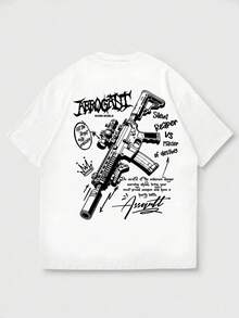 Men's Loose Fit Gun & English Print Round Neck Short Sleeve T-Shirt | Exquisite Design | Summer Essential | Easy To Match - White - View 7