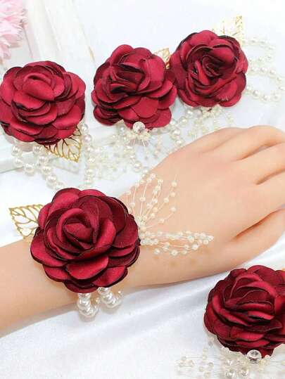 6pcs/Set Wrist Corsage Bridesmaids Wrist Flower Artificial Rose Wrist Corsage Wedding Party Decor Valentine's Day Accessories
