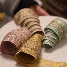 1pc 1/5 Yards 4cm Width Lace For Sewing Lace Trim Ribbon With Golden Sequins, Embroidered Fabric Webbing For DIY Clothing And Accessories - Available In Khaki, Bright Yellow, Light Green, Pink, Accessory Decoration | Ornate Embroidery | Intricate Retro Patterns, Lace Fabric Gift Wrapping, Bag Straps, Festival - Multicolor - View 4