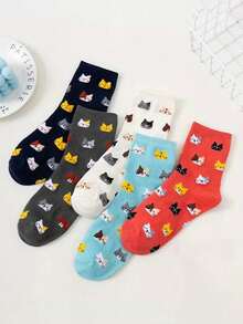 5双装女士休闲猫咪印花袜，可爱动物图案，舒适透气，百搭时尚，猫头组合，理想的礼物之选 - 彩色 - 查看 8