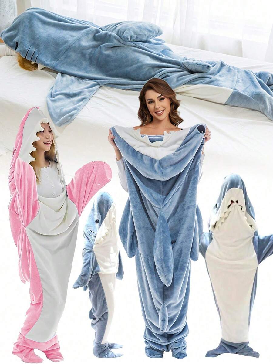 1pc Shark Pattern Hooded Blanket, Soft Flannel Shark Design Wearable Blanket, Available In Multiple Sizes Suitable For Different Heights - Multicolor - View 1