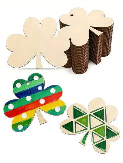 24pcs Wooden Clover Decorations, Unfinished St. Patrick's Day Decorations, Blank Unfinished Wooden Disc Decorations, Suitable For Hanging Spring Decorations On Family Farmhouse Crafts, Party Decorations