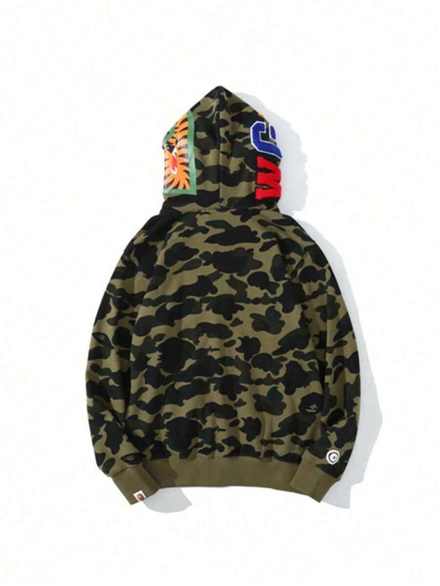 Classic Camouflage Shark Head Autumn And Winter Hooded Sweater Men's And Women's Cardigan Zipper Jacket - 軍綠色 - 查看 1