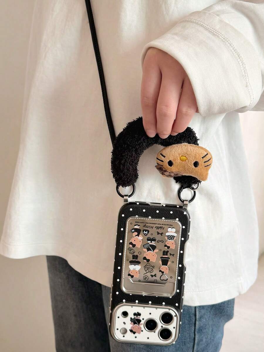 Sanrio 1pc Korean Cute Plush Wristlet Phone Case Compatible With Apple 13/14/15/16/17/Pro Max - Black Polka Dots - View 1