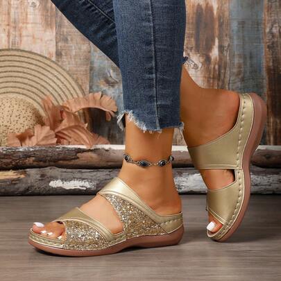 新款女士坡跟厚底凉鞋，纯色沙滩亮片拼接穆勒拖鞋，夏季