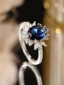 Anillo de zafiro brillante de circonita cúbica en caja de regalo, joyería de moda para mujer, material de cobre hipoalergénico y no descolorido, regalo ideal para días festivos - Plata-zafiro - Ver 11