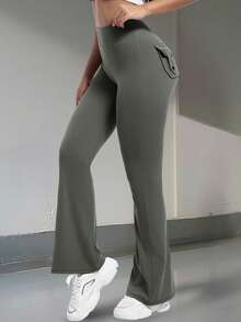 Y2K High Waist Elastic Yoga Cargo Pants, Pockets Tighten Hips, Lift & Shape, Suitable For Fitness, Flare Leg, Casual & Comfortable, Women Autumn - Grey - View 2