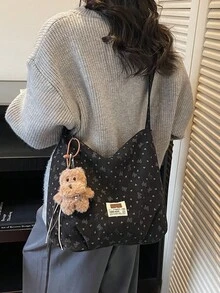 Korean Minimalist Polka Dot Canvas Tote Bag, New Large Capacity Shoulder Bag, Fashionable Commuter Handbag With Pendant - Multicolor - View 6