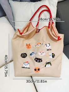 1pc Fashionable & Versatile Embroidered Cartoon Cat Pattern Lightweight Nylon Tote Bag, Foldable Shopping Bag - Multicolor - View 3