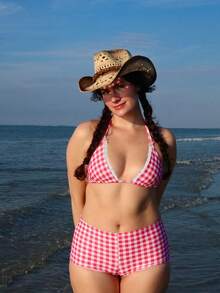 Women's 2 Piece Bikini Set Fashion Halter Neck Swimsuit With Shorts Summer Two Piece Bathing Suit - 西瓜粉 - 查看 4