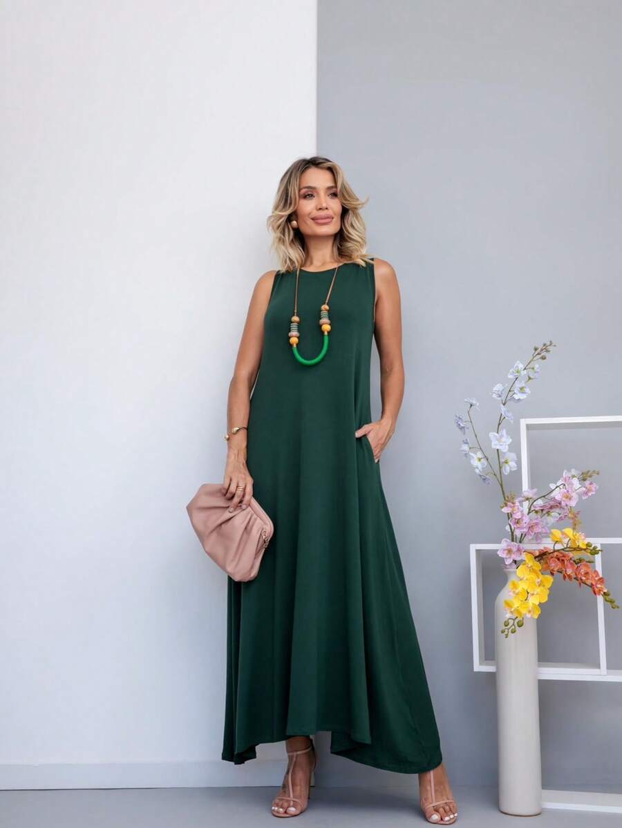 Long Dress In Viscose/Lycra Blend With Side Pockets. - Dark Green - View 1