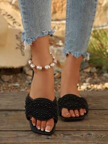 1双女士时尚PU皮革水钻平底凉鞋，适合海滩、办公室、所有季节 - 黑色 - 查看 4