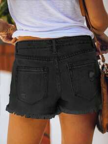 European And American Spring/Summer New Design Personalized Street Ripped Straight Washed Frayed Hem Women Denim Shorts - Black - View 5