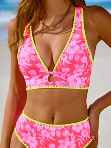 popvil 女士印花镂空交叉露背比基尼套装，适合夏季度假和海滩穿着 - 西瓜粉 - 查看 1