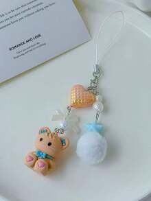 1个可爱卡通兔子吊坠，心形CCD相机挂绳，毛绒球钥匙扣