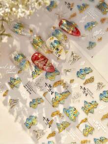 1pc Vintage Gilded Landscape Nail Art Sticker, Essential For Nail Artists, 3D Embossed Craftsmanship, Elegant Gilded Landscape Art Decor Design, Self-Adhesive Nail Sticker For DIY, Reusable, Gift For Women, Nail Art Supplies, Exquisite Accessory Gift Nails - Blue - View 11