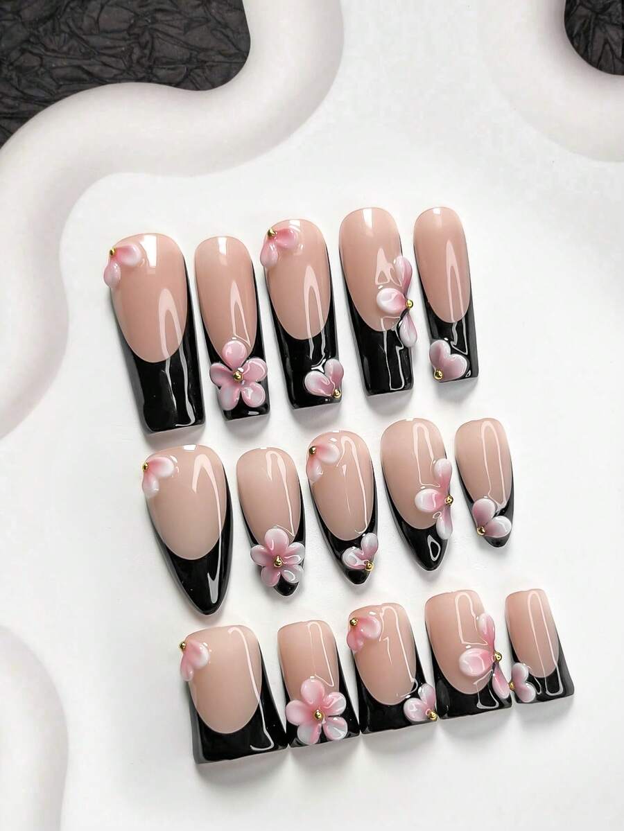 10pcs Handmade Black Floral Nail Art Set, French Press-On Nails, Medium Almond Shape Nail Stickers, Square Nails, Duck Mouth Nails, Black Nail Gel, Includes Tool Kit (1pc Jelly Sticker + 1pc Nail File), Suitable For Women And Girls, Party, Daily Nail Care Nail Supplies Handmade Press On Nails - 彩色 - 查看 1