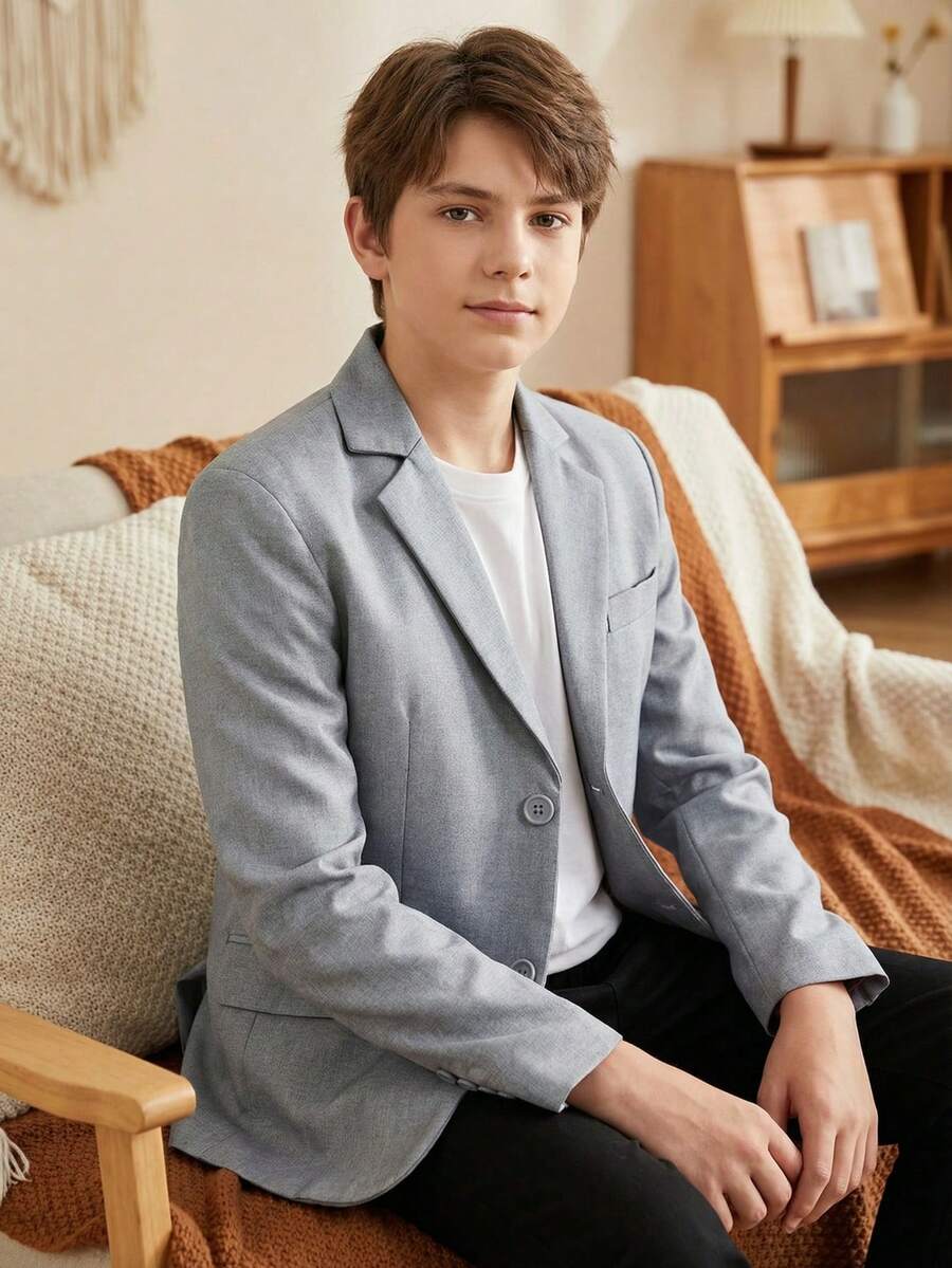 10-16 Years Old Boys' Formal Blazer Jacket, Button-Up Lapel Suit, Light Gray - Light Grey - View 1