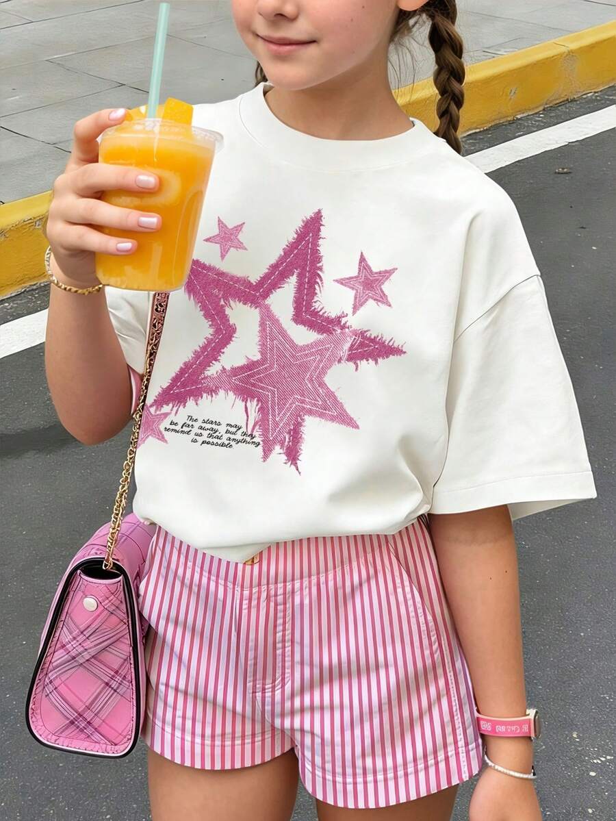 少女标语星形印花圆领宽松休闲短袖T恤 - 白色 - 查看 1