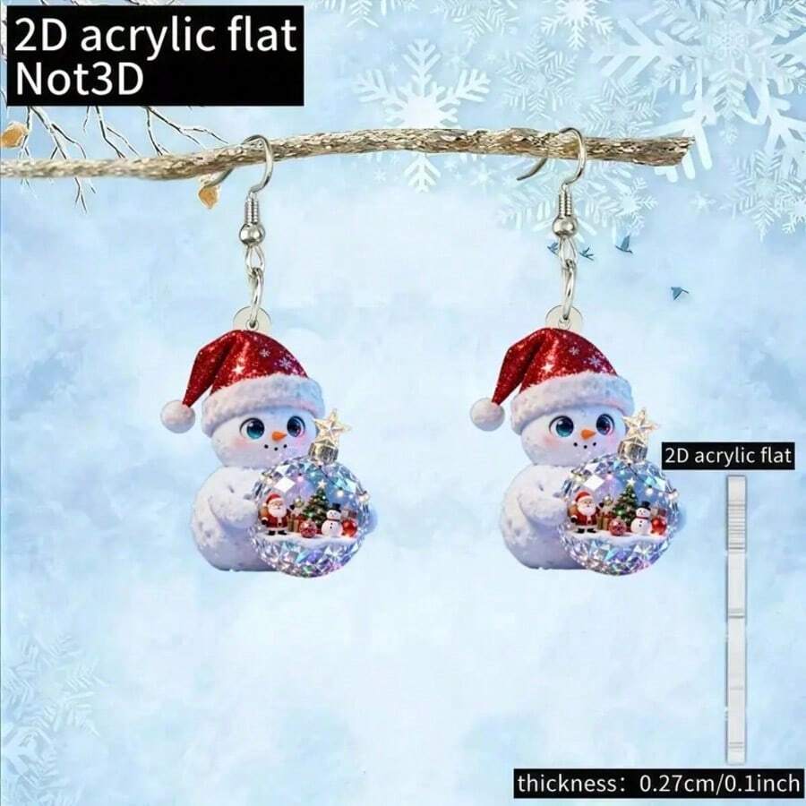 Bohemian Snowman Earrings, Mini Snowball Style, Christmas Party Flat Acrylic Snowman Earrings - Multicolor - Ver 1
